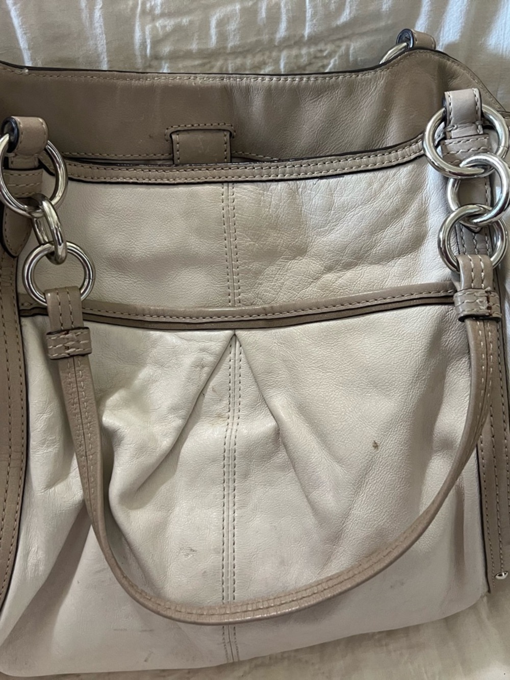 Coach Two-Tone Cream and Taupe Leather Shoulder Bag